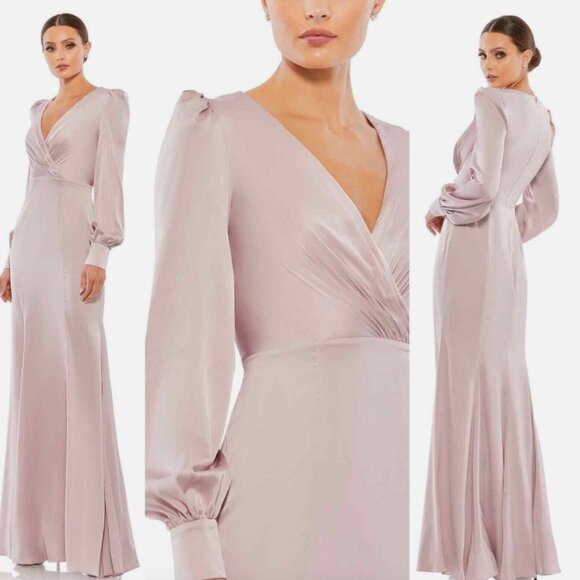 MAC DUGGAL SATIN RUCHED BISHOP SLEEVE ROSE PINK GOWN sz 16